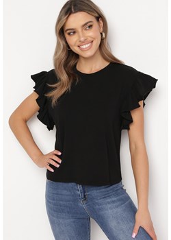 Czarny T-shirt z Falowanym Rękawem Aidira ze sklepu Born2be Odzież w kategorii Bluzki damskie - zdjęcie 169646297