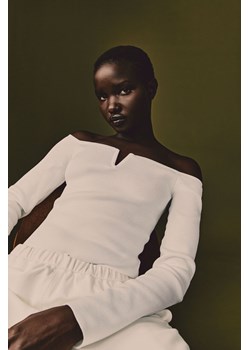 H & M - Prążkowany dzianinowy top z odkrytymi ramionami - Biały ze sklepu H&M w kategorii Bluzki damskie - zdjęcie 169681509