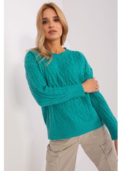 Turkusowy sweter damski z warkoczami i okrągłym dekoltem ze sklepu 5.10.15 w kategorii Swetry damskie - zdjęcie 169685587