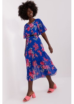 Kobaltowa plisowana sukienka damska w kwiaty - midi ze sklepu 5.10.15 w kategorii Sukienki - zdjęcie 169686779