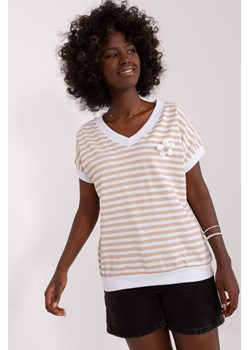 Biało-beżowa damska bluzka w paski z broszką ze sklepu 5.10.15 w kategorii Bluzki damskie - zdjęcie 169688959