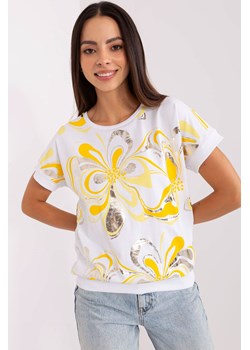 Biało-żółta bluzka z błyszczącym nadrukiem ze sklepu 5.10.15 w kategorii Bluzki damskie - zdjęcie 169689865
