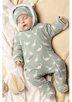 Ocieplany pajac niemowlęcy futerkowy z kapturem z uszkami- białe dinozaury ze sklepu 5.10.15 w kategorii Kombinezony i kurtki - zdjęcie 169694395