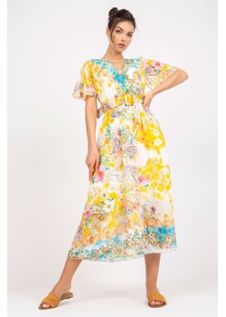 Sukienka z ozdobnym paskiem - żółta w kwiaty ze sklepu 5.10.15 w kategorii Sukienki - zdjęcie 169694706
