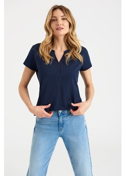 T-shirt damski z ozdobnym dekoltem granatowy ze sklepu 5.10.15 w kategorii Bluzki damskie - zdjęcie 169694966