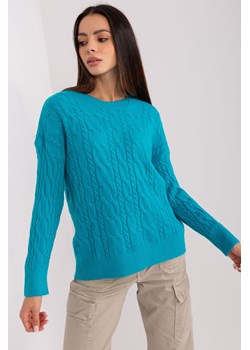 Turkusowy sweter damski z warkoczowym splotem i ściągaczami ze sklepu 5.10.15 w kategorii Swetry damskie - zdjęcie 169695237