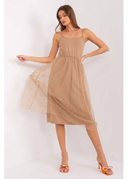 Sukienka koktajlowa z tiulowym dołem camelowy ze sklepu 5.10.15 w kategorii Sukienki - zdjęcie 169698125