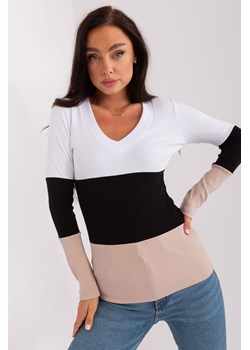 Czarno-beżowa damska bluzka prążkowana z dekoltem V ze sklepu 5.10.15 w kategorii Bluzki damskie - zdjęcie 169699505