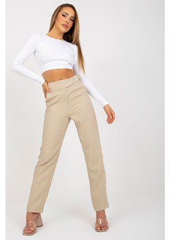 Beżowe proste spodnie z materiału z wysokim stanem ze sklepu 5.10.15 w kategorii Spodnie damskie - zdjęcie 169706268