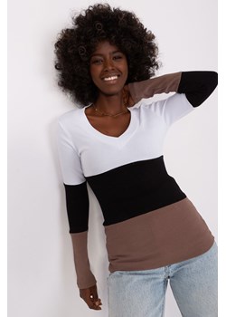 Ecru-brązowa bluzka damska basic z długim rękawem ze sklepu 5.10.15 w kategorii Bluzki damskie - zdjęcie 169709278