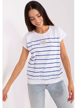Biało-ciemnoniebieska codzienna bluzka z aplikacją ze sklepu 5.10.15 w kategorii Bluzki damskie - zdjęcie 169709479