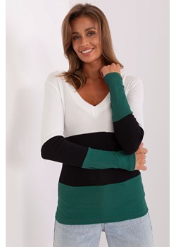 Ecru-ciemnozielona damska bluzka basic z bawełny ze sklepu 5.10.15 w kategorii Bluzki damskie - zdjęcie 169709766