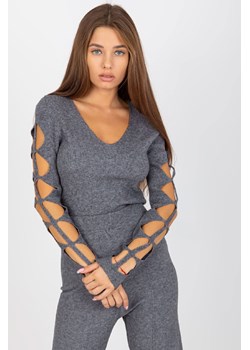 Ciemnoszary sweter klasyczny z dekoltem w serek ze sklepu 5.10.15 w kategorii Swetry damskie - zdjęcie 169710795