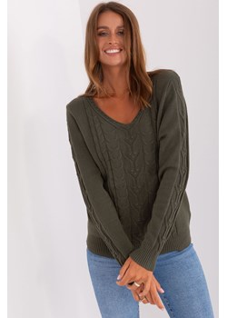 Khaki damski sweter z warkoczami i dekoltem V ze sklepu 5.10.15 w kategorii Swetry damskie - zdjęcie 169712256