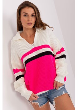 Ecru-fluo różowy sweter oversize z kołnierzem ze sklepu 5.10.15 w kategorii Swetry damskie - zdjęcie 169713208