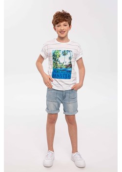Biały t-shirt bawełniany chłopięcy w paski i z nadrukiem ze sklepu 5.10.15 w kategorii T-shirty chłopięce - zdjęcie 169714396