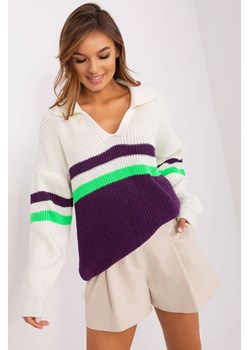 Ecru-ciemnofioletowy sweter oversize z wełną ze sklepu 5.10.15 w kategorii Swetry damskie - zdjęcie 169719939