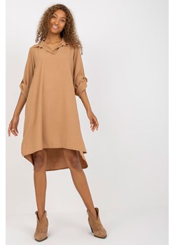 Camelowa koszulowa sukienka damska one size z długim rękawem ze sklepu 5.10.15 w kategorii Sukienki - zdjęcie 169720699
