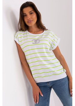 Ecru-jasnozielona bluzka damska w paski z aplikacjami ze sklepu 5.10.15 w kategorii Bluzki damskie - zdjęcie 169730495