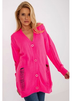 Fluo różowy luźny sweter rozpinany z dziurami RUE PARIS ze sklepu 5.10.15 w kategorii Swetry damskie - zdjęcie 169730839