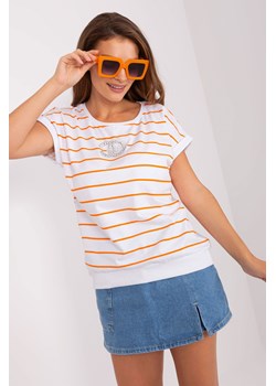 Ecru-pomarańczowa bluzka damska w paski z aplikacjami ze sklepu 5.10.15 w kategorii Bluzki damskie - zdjęcie 169732297