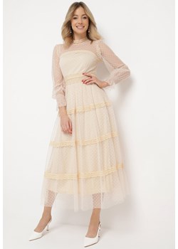 Beżowa Rozkloszowana Sukienka Maxi z Koronką Jorissa ze sklepu Born2be Odzież w kategorii Sukienki - zdjęcie 169736706