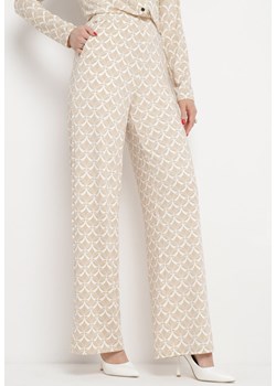 Beżowe Szerokie Spodnie w Drobny Print z Kieszeniami Rosenta ze sklepu Born2be Odzież w kategorii Spodnie damskie - zdjęcie 169736995