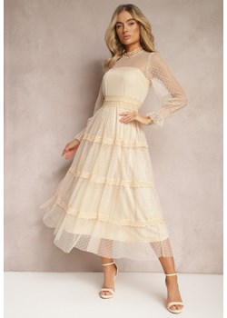 Beżowa Koronkowa Sukienka Rozkloszowana z Falbanką Faberlla ze sklepu Renee odzież w kategorii Sukienki - zdjęcie 169786976
