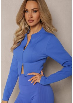 Granatowa Prążkowana Bluza o Krótkim Fasonie Dwoma Suwakami Aloue ze sklepu Renee odzież w kategorii Bluzy damskie - zdjęcie 169787076