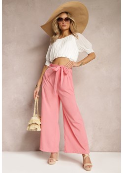 Różowe Szerokie Spodnie z Materiałowym Paskiem w Typie Paper Bag Lasette ze sklepu Renee odzież w kategorii Spodnie damskie - zdjęcie 169787086