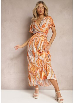 Pomarańczowa Rozkloszowana Sukienka o Kopertowym Fasonie z Paskiem i Ozdobnym Wzorem Briarwin ze sklepu Renee odzież w kategorii Sukienki - zdjęcie 169787279
