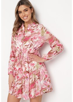 Różowa Kwiatowa Sukienka Mini ze Sznurkiem i Falbanką Adloria ze sklepu Born2be Odzież w kategorii Sukienki - zdjęcie 169788059
