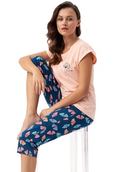 Bawełniana piżama damska łososiowa w liście 687, Kolor łososiowy-granat, Rozmiar M, Luna ze sklepu Primodo w kategorii Piżamy damskie - zdjęcie 169810497