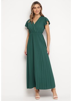 Ciemnozielona Sukienka Maxi Plisowana z Kopertową Górą Rozkloszowany Fason Anelea ze sklepu Born2be Odzież w kategorii Sukienki - zdjęcie 169815587