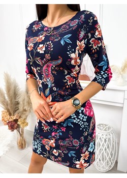 Granatowa Sukienka z Motywem Kwiatowym ze sklepu ModnaKiecka.pl w kategorii Sukienki - zdjęcie 169816405