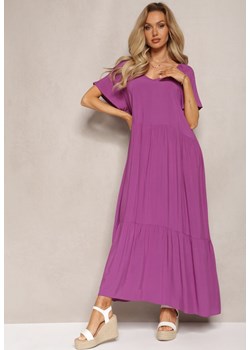 Fioletowa Maxi Sukienka Rozkloszowana z Bawełny z Trójkątnym Dekoltem Eriwen ze sklepu Renee odzież w kategorii Sukienki - zdjęcie 169821977