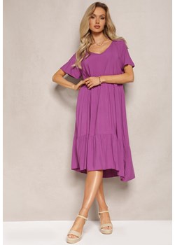 Fioletowa Midi Sukienka o Rozkloszowanym Fasonie z Delikatną Falbanką Subvia ze sklepu Renee odzież w kategorii Sukienki - zdjęcie 169822007