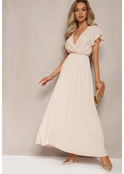 Beżowa Plisowana Sukienka Maxi o Rozkloszowanym Kroju z Kopertowym Dekoltem Ofilva ze sklepu Renee odzież w kategorii Sukienki - zdjęcie 169822027