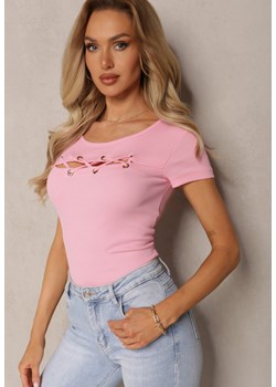 Różowa Bluzka z Bawełny Ozdobiona Wycięciami i Splotem przy Dekolcie Galanettia ze sklepu Renee odzież w kategorii Bluzki damskie - zdjęcie 169822266