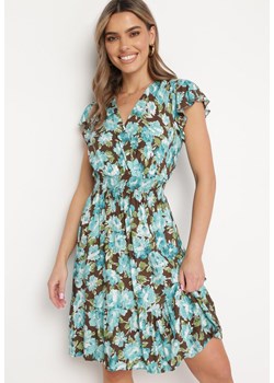 Brązowo-Niebieska Rozkloszowana Sukienka Midi z Bawełny z Kwiatowym Wzorem i Falbanką Rosenthel ze sklepu Born2be Odzież w kategorii Sukienki - zdjęcie 169822635
