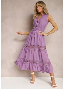 Fioletowa Maxi Sukienka o Rozkloszowanym Kroju z Ażurowymi Wstawkami Litulla ze sklepu Renee odzież w kategorii Sukienki - zdjęcie 169825409