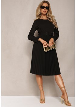 Czarna Plisowana Sukienka Midi z Paskiem w Talii Pailomena ze sklepu Renee odzież w kategorii Sukienki - zdjęcie 169825477