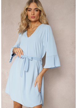 Niebieska Sukienka Mini z Trójkątnym Dekoltem z Paskiem i Rękawami z Plisowaniem Vespe ze sklepu Renee odzież w kategorii Sukienki - zdjęcie 169825506