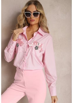Różowa Klasyczna Koszula z Kieszeniami Zdobiona Cyrkoniami i Kwiatowym Detalem Herlla ze sklepu Renee odzież w kategorii Koszule damskie - zdjęcie 169825699