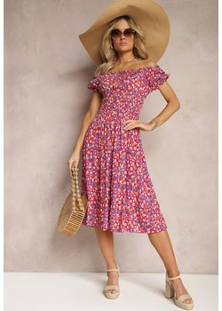 Fuksjowa  Midi Sukienka Hiszpanka z Bawełny w Kwiatowy Wzór Assetni ze sklepu Renee odzież w kategorii Sukienki - zdjęcie 169825789