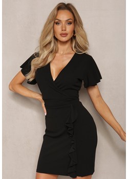 Czarna Mini Sukienka o Dopasowanym Kroju z Kopertową Górą i Falbanką Haliari ze sklepu Renee odzież w kategorii Sukienki - zdjęcie 169825859