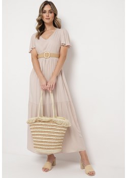 Jasnobeżowa Bawełniana Sukienka Maxi z Krótkim Rękawem Rozkloszowana Leviossa ze sklepu Born2be Odzież w kategorii Sukienki - zdjęcie 169830458