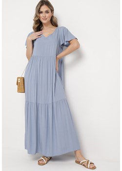 Jasnoniebieska Bawełniana Sukienka Maxi z Krótkim Rękawem Rozkloszowana Leviossa ze sklepu Born2be Odzież w kategorii Sukienki - zdjęcie 169830465