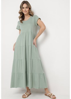 Jasnozielona Bawełniana Sukienka Maxi Rozkloszowana z Okrągłym Dekoltem Isari ze sklepu Born2be Odzież w kategorii Sukienki - zdjęcie 169830526