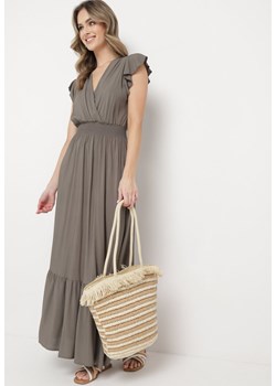 Ciemnobeżowa Bawełniana Sukienka Maxi z Kopertową Górą Rozkloszowana Xaliara ze sklepu Born2be Odzież w kategorii Sukienki - zdjęcie 169830576